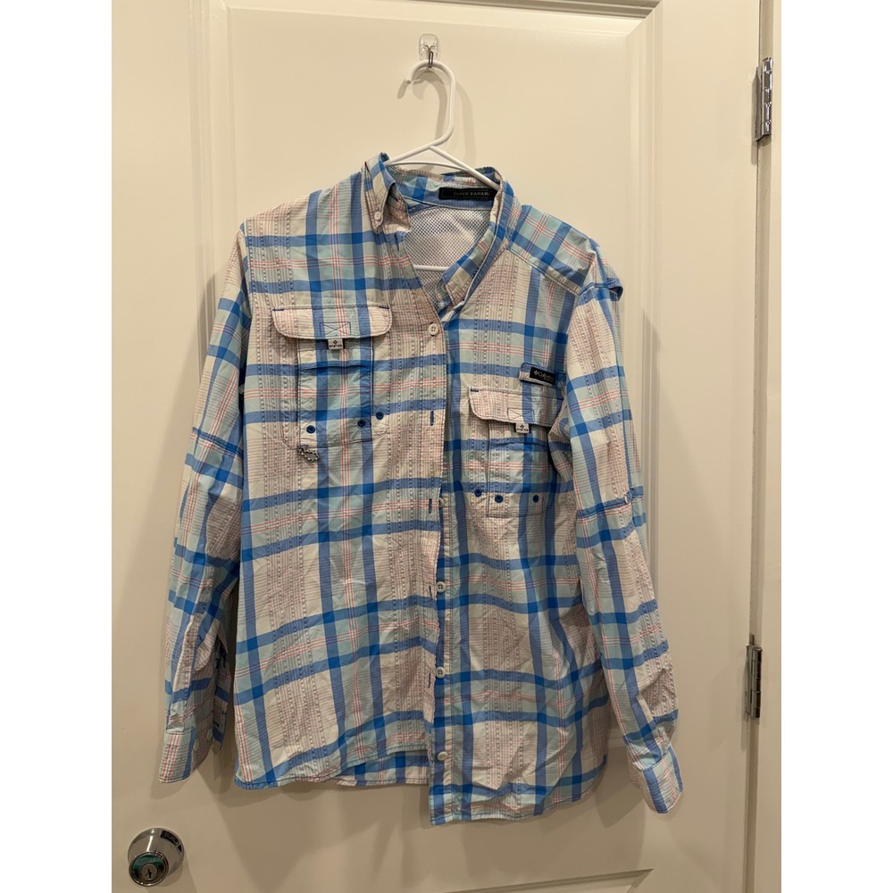 Columbia PFG Super Bahama Fishing Shirt Womens Blue Plaid Long Sleeve Ventilated